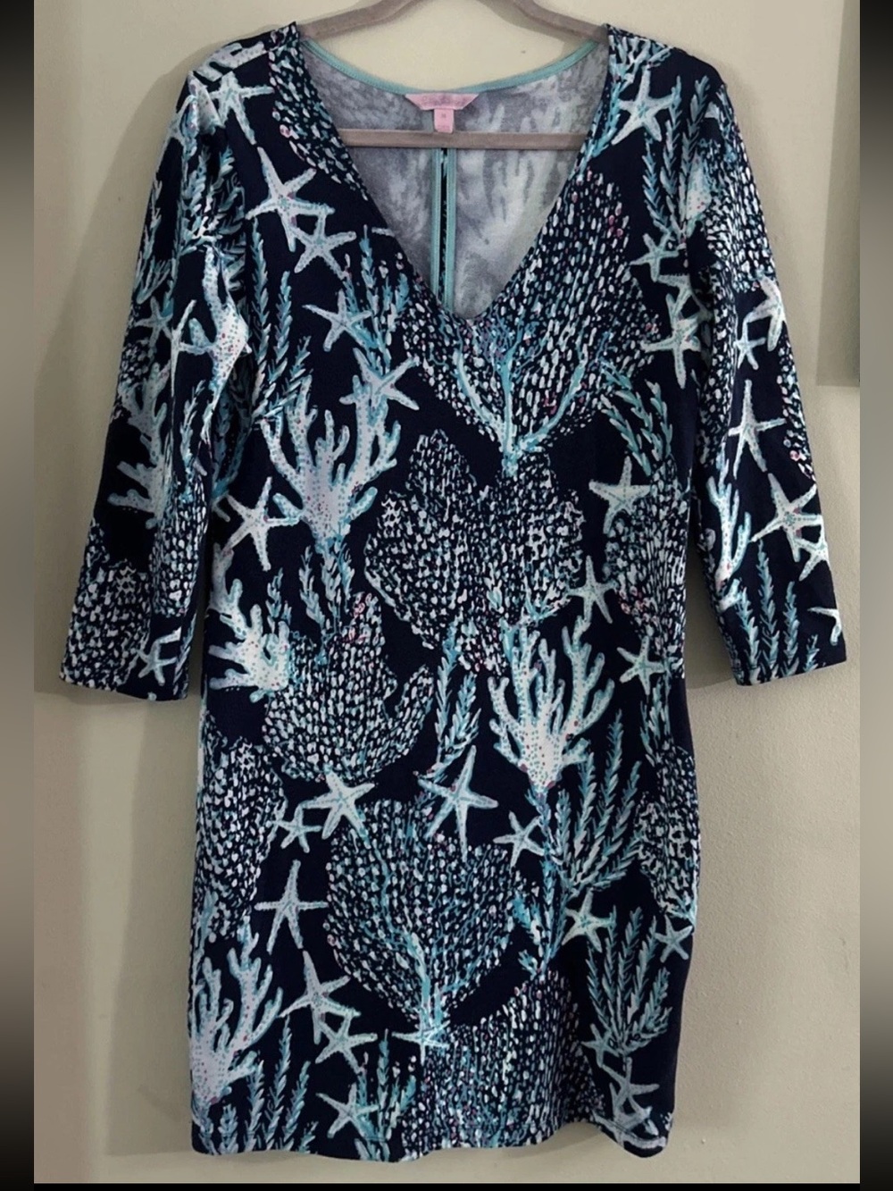 Lilly Pulitzer Clarke French Terry Dress in Good Reef V Neck Navy Blue Medium